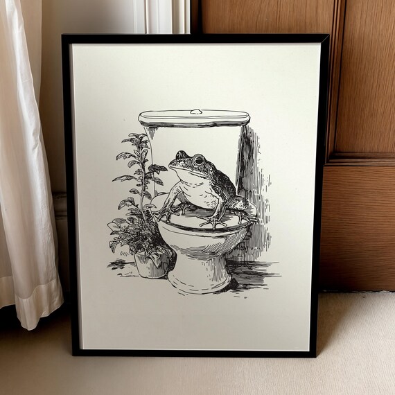 Funny Frog Sitting On Toilet Vintage Line Drawing Bathroom Poster