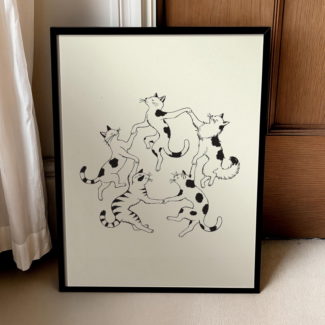 Five Cats Dancing In Circle Minimalist Black Line Art Cat Poster