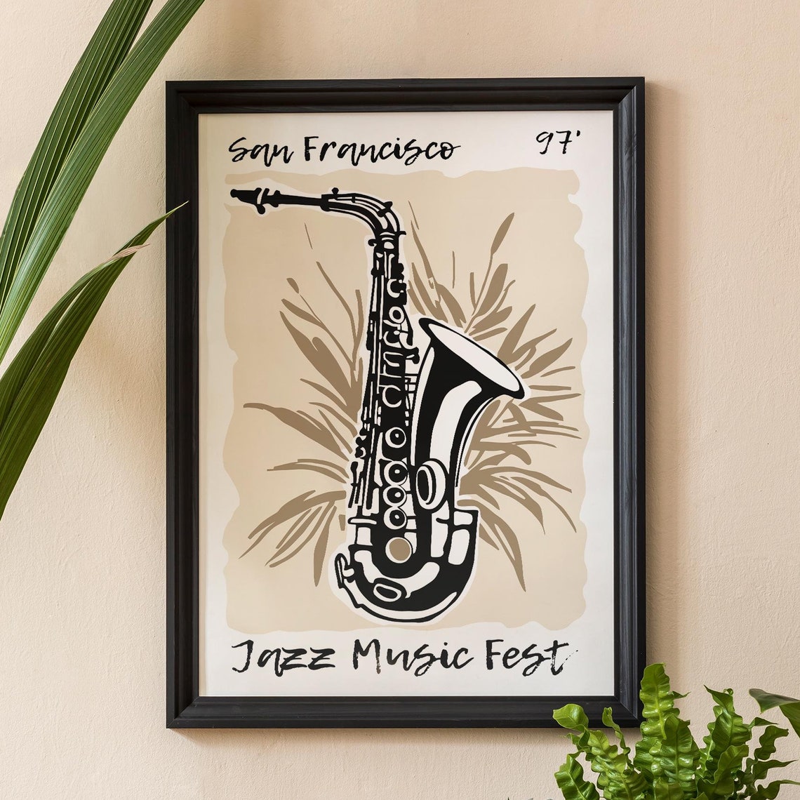San Francisco 97 Jazz Music Fest Saxophone Monochrome Art Poster