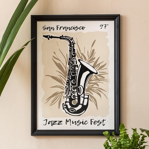 San Francisco 97 Jazz Music Fest Saxophone Monochrome Art Poster