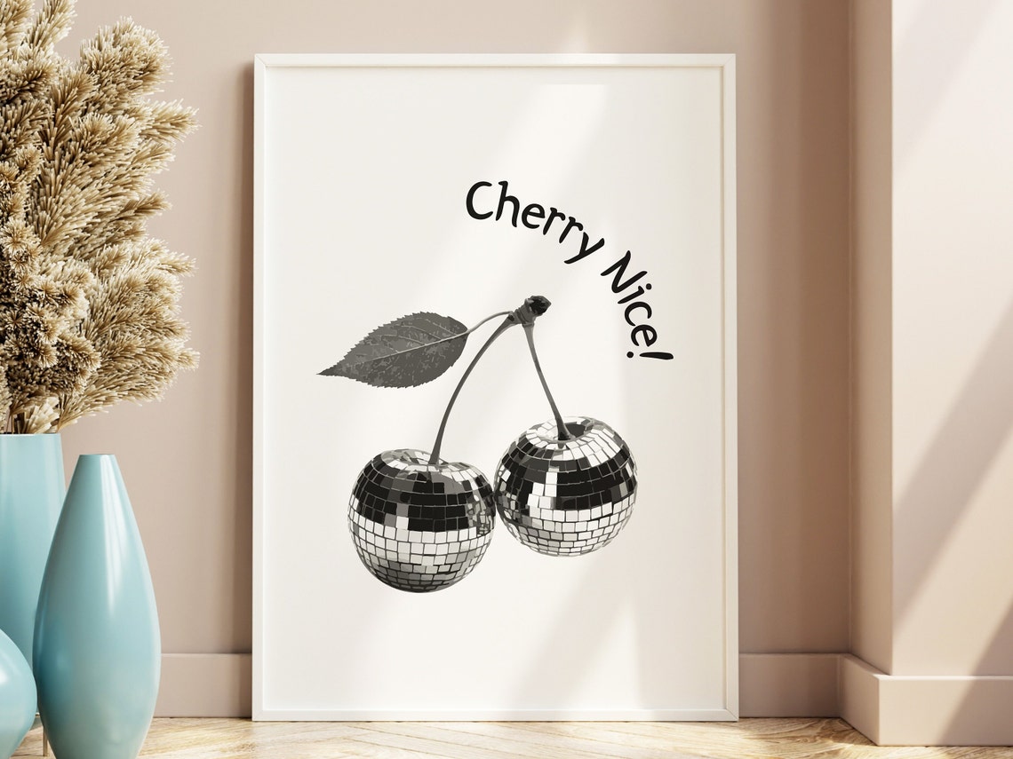 Cherry Nice Black White Disco Ball Cherries Minimalist Poster - Image 2