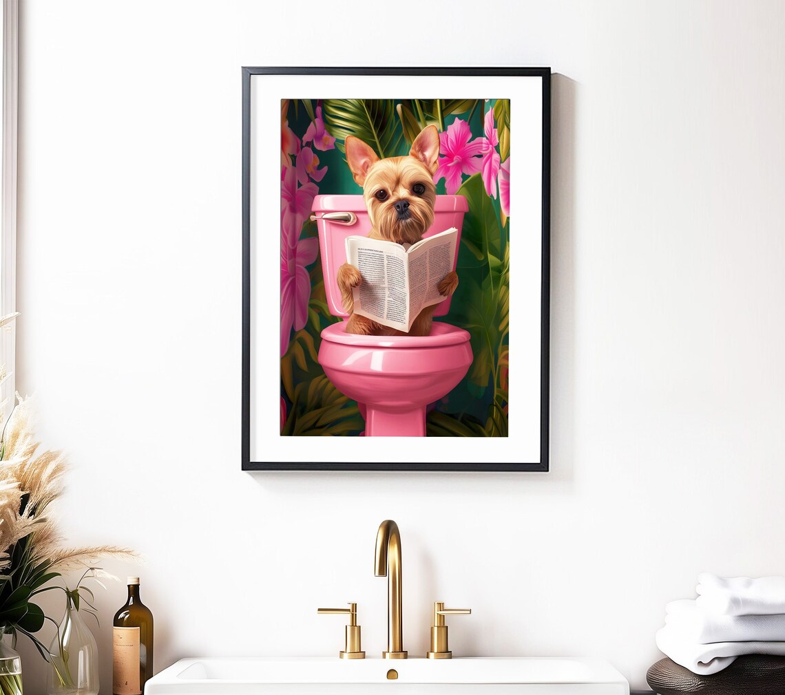 Yorkshire Terrier Reading Book Pink Toilet Funny Dog Decor Poster - Image 5