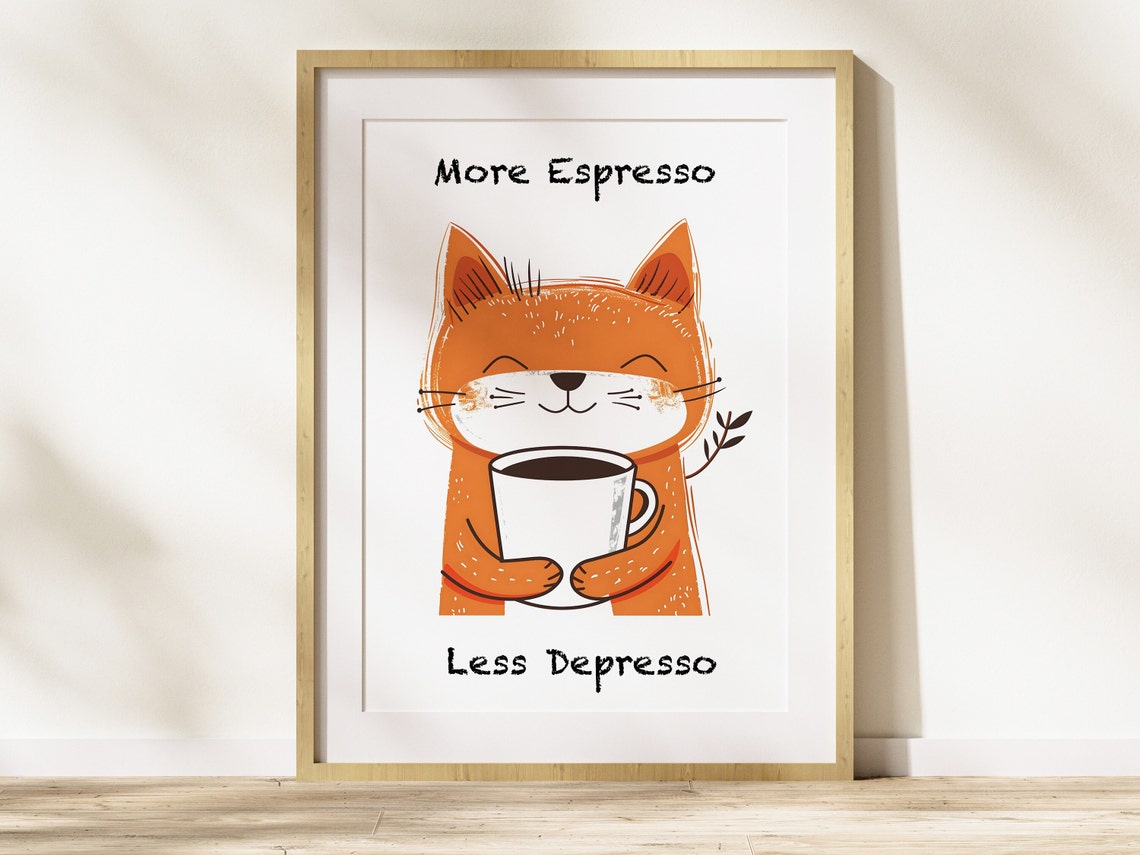 More Espresso Less Depresso Cheerful Orange Cat Coffee Poster - Image 2