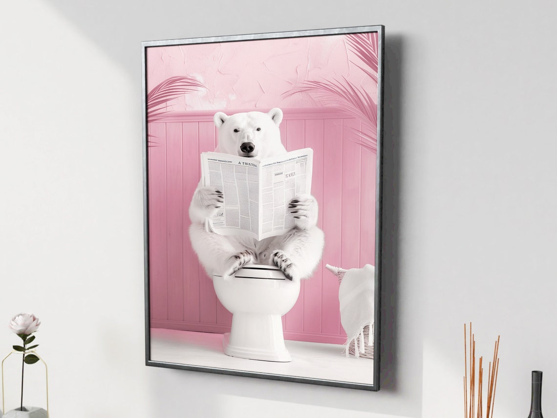 Fluffy Polar Bear Reading Newspaper Pink Bathroom Toilet Wall Art - Image 4