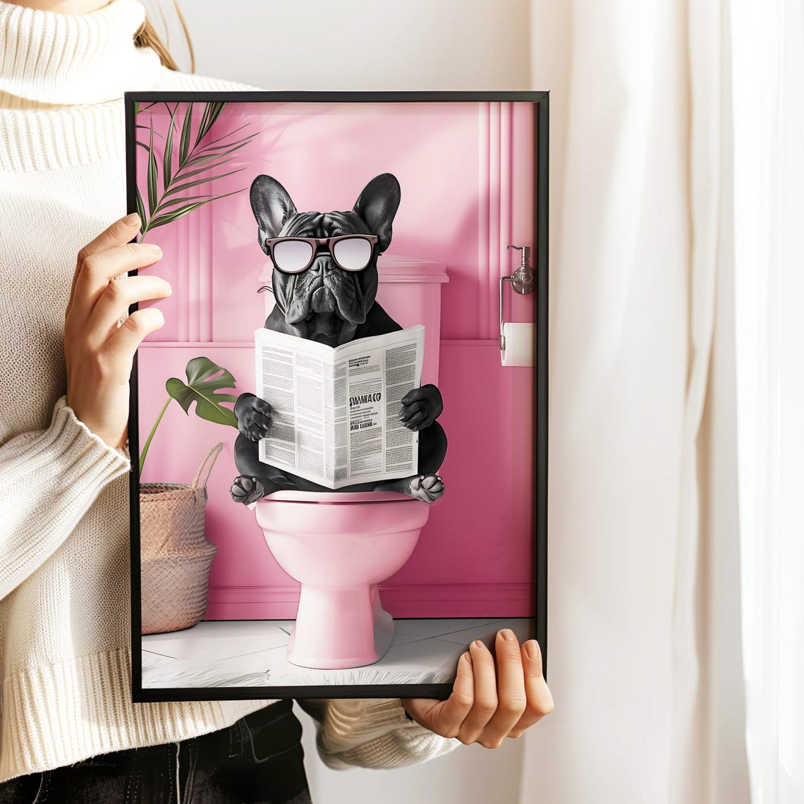 Bathroom Blue French Bulldog Reading On Toilet Print Funny Bathroom Decor Toilet Wall Art Funny Dog Print Bathroom Wall Art Dog On Toilet - Image 2
