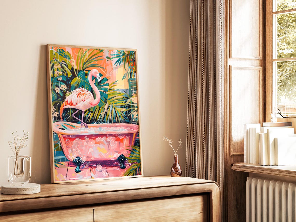 Pink Flamingo Standing In A Bubble Bath With Tropical Foliage Poster - Image 4
