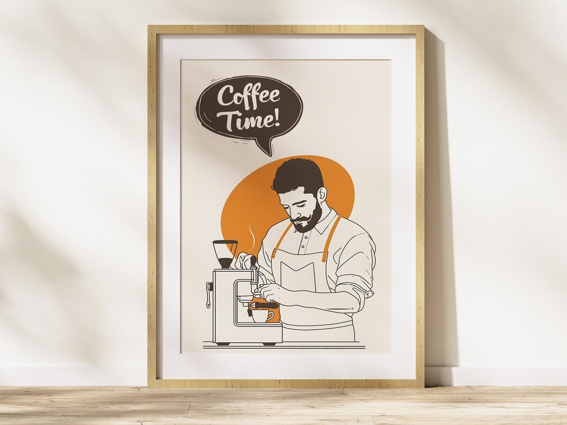 Coffee Time Bearded Barista Espresso Machine Line Art Poster - Image 5