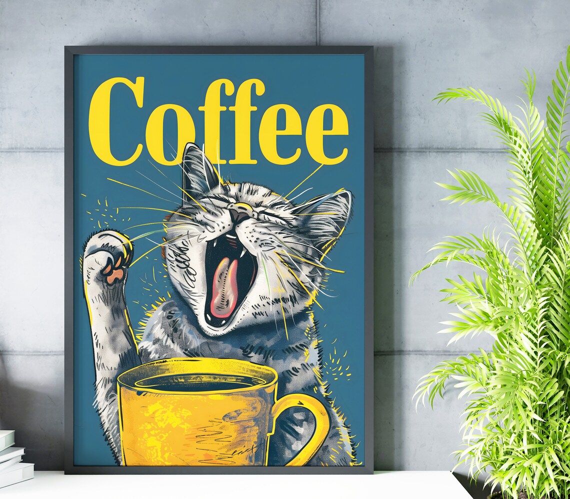 Funny Yawning Cat With Yellow Coffee Cup Retro Kitchen Humor Wall Poster - Image 2