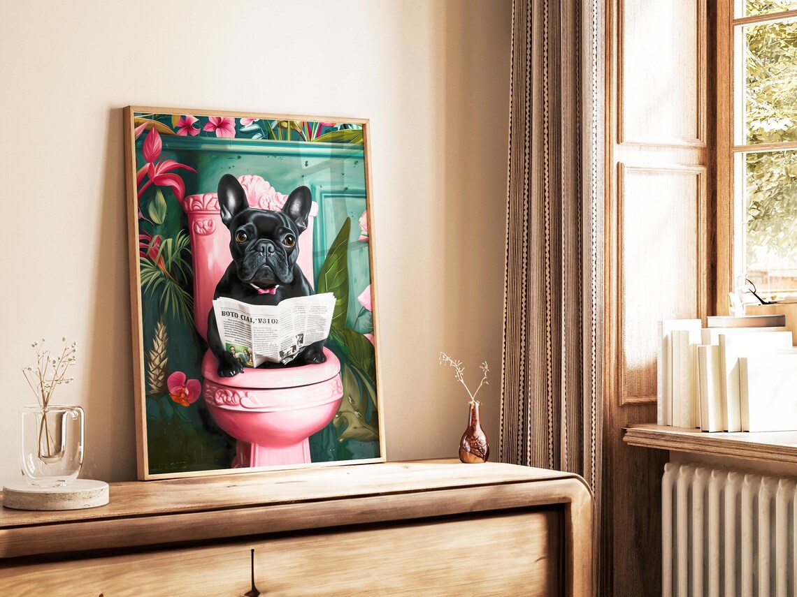 Black French Bulldog Bathroom Humor Art Print
