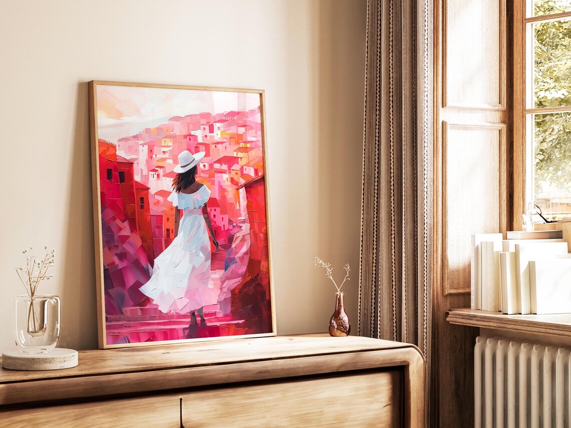 Woman White Dress Red Old Town Street Mosaic Impasto Painting Poster - Image 4