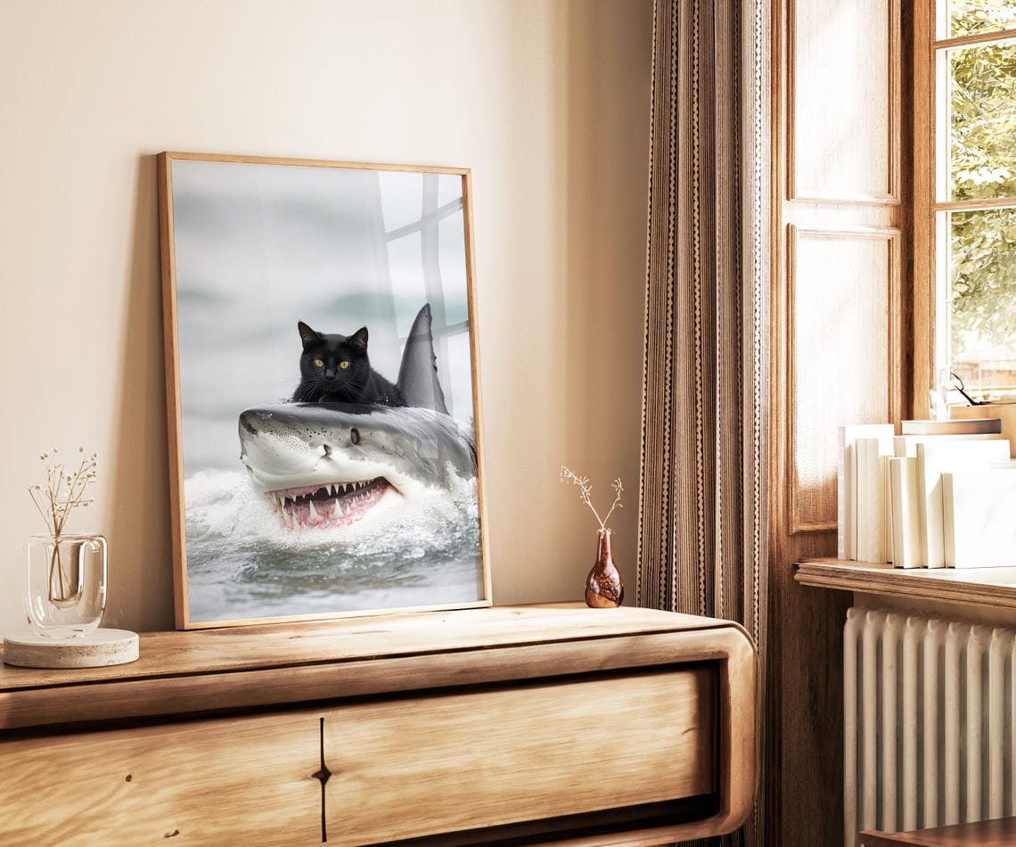 Funny Black Cat Riding A Great White Shark In The Ocean Poster - Image 2