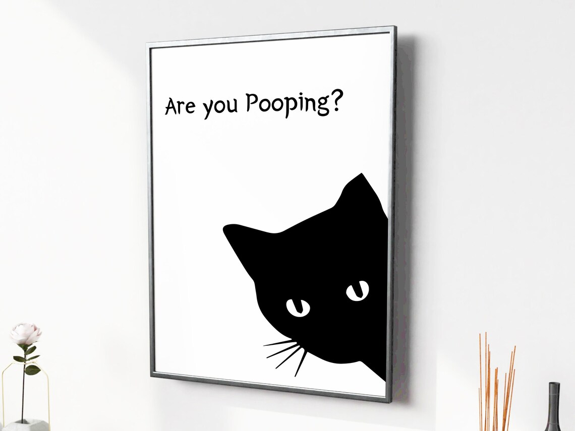 Minimalist Black Cat Silhouette Are You Pooping Quote Funny Bathroom Poster - Image 3
