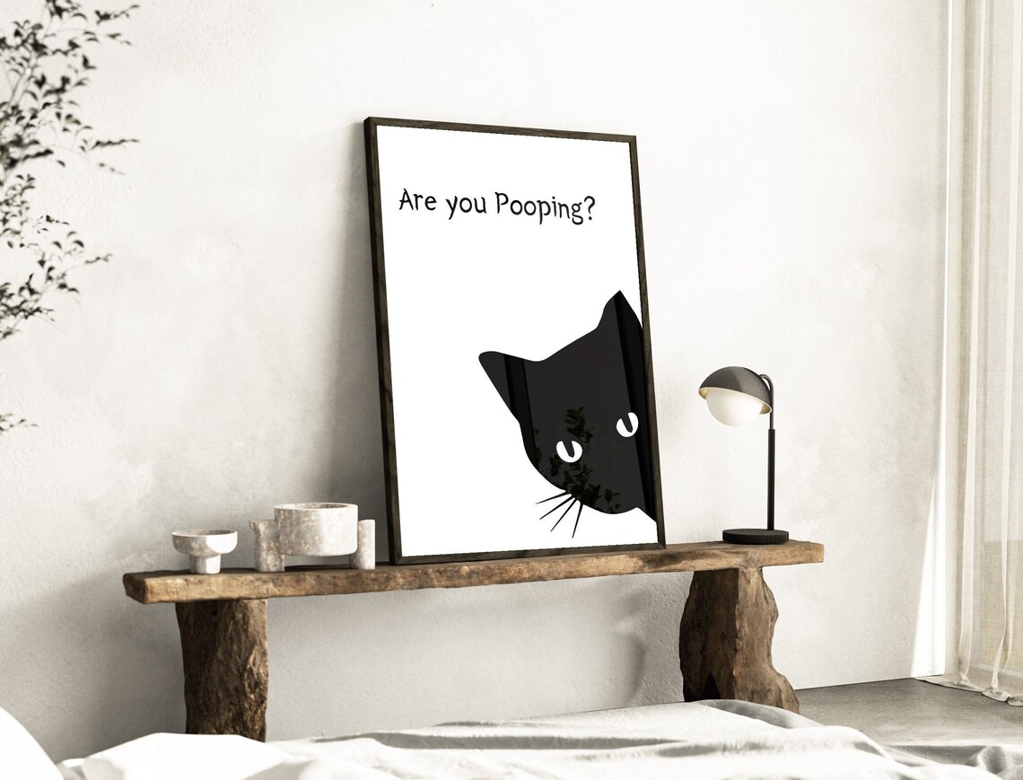 Minimalist Black Cat Silhouette Are You Pooping Quote Funny Bathroom Poster - Image 5