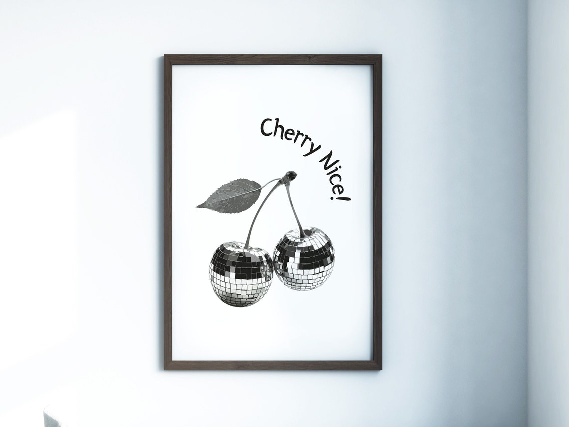 Cherry Nice Black White Disco Ball Cherries Minimalist Poster - Image 3