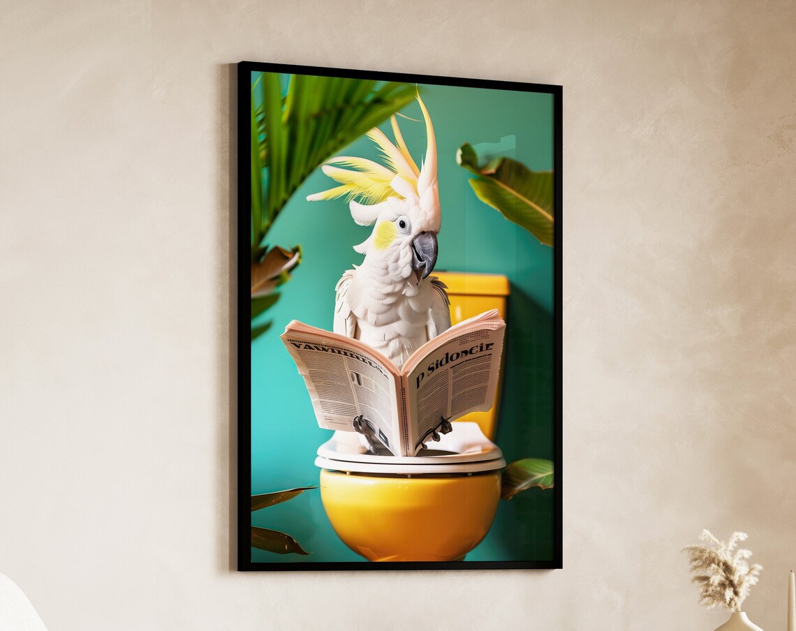 Cockatoo Reading On Toilet Funny Bathroom Art Print