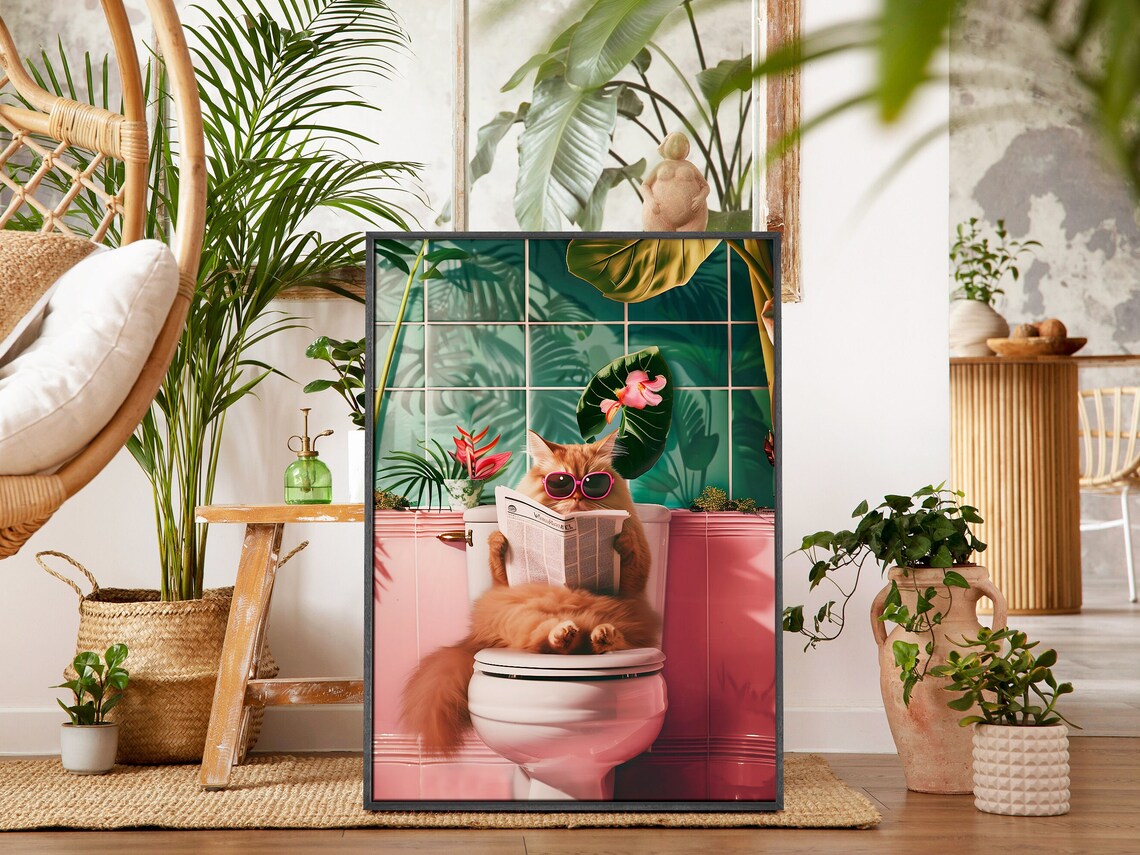 Funny Cat Toilet Print, Trendy Bathroom Wall Art