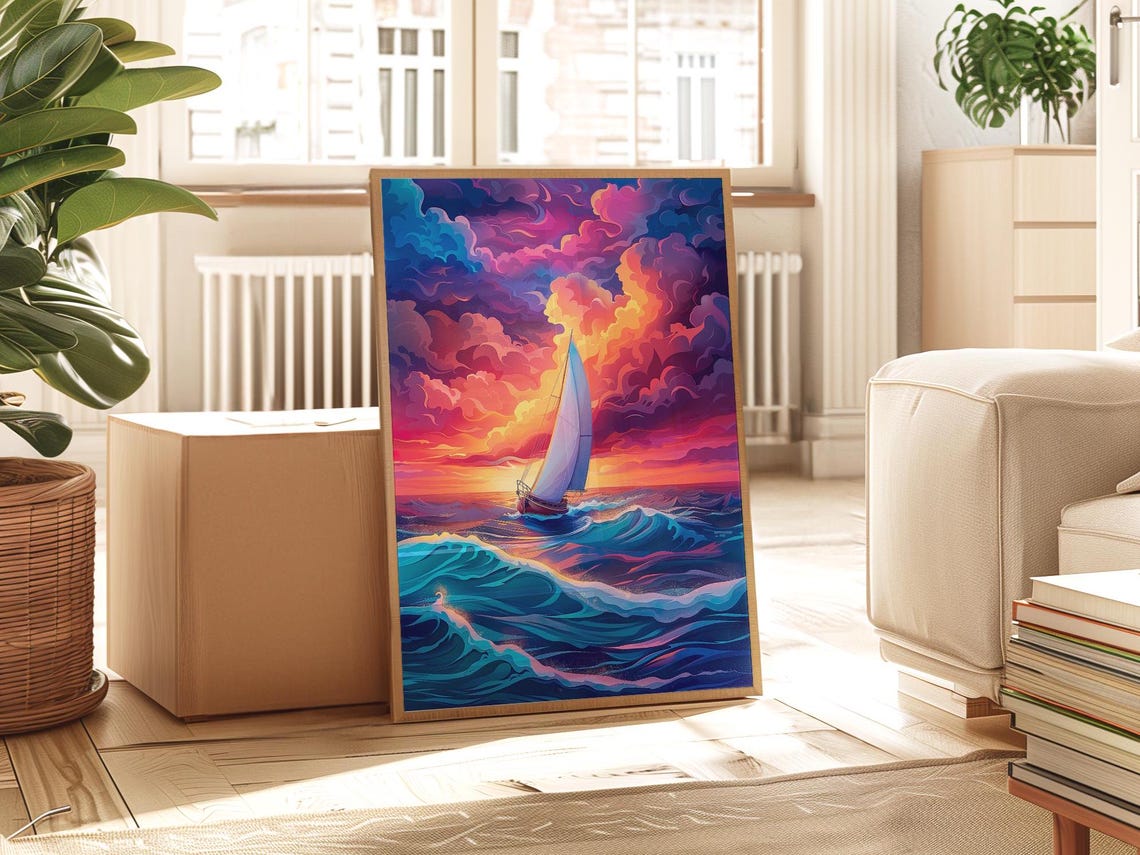 Sailboat On Stylized Waves Under A Dramatic Pink Sunset Sky Poster - Image 5