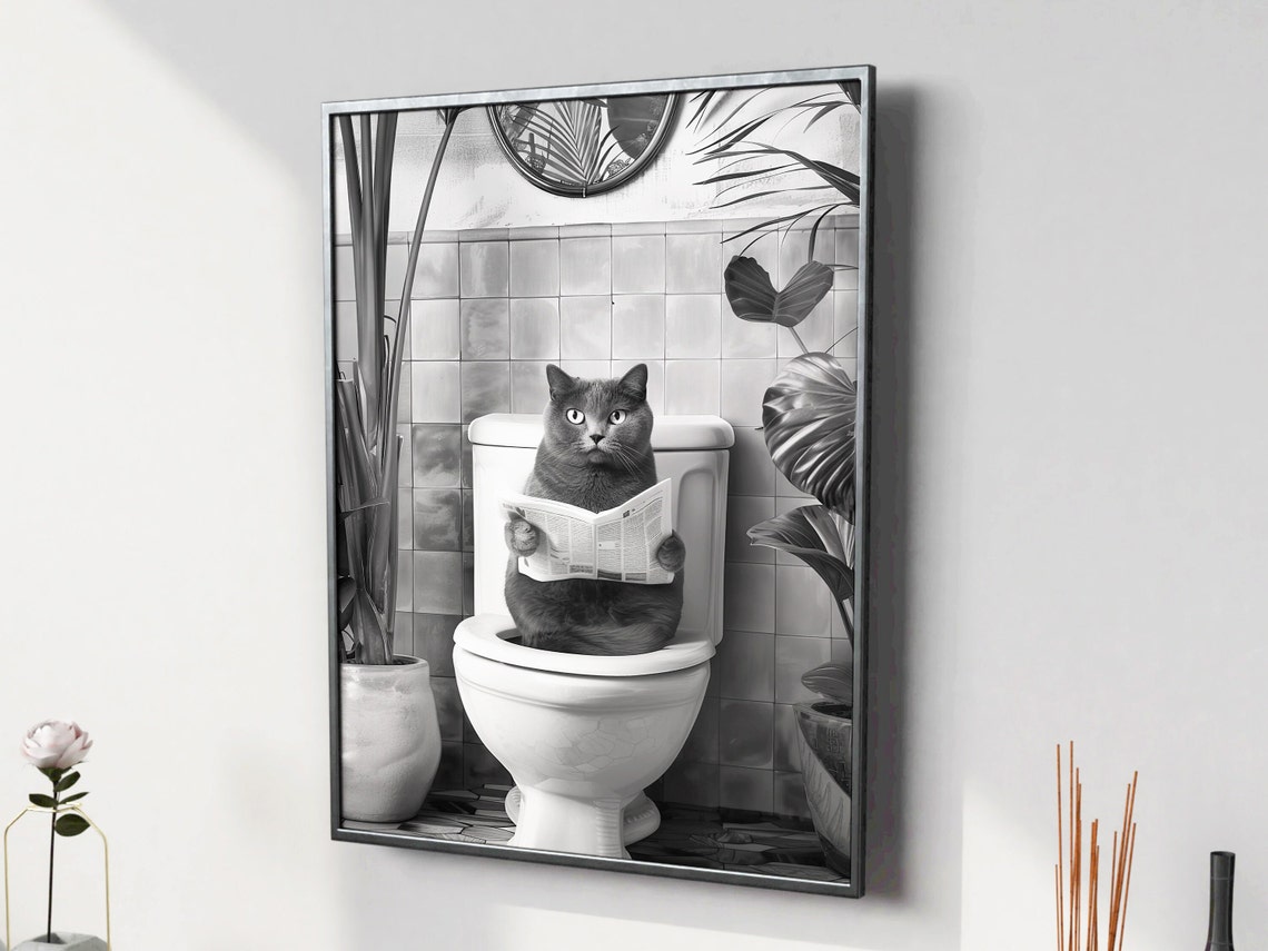 Black Cat Reading Newspaper Toilet Funny Bathroom Cat Poster - Image 3