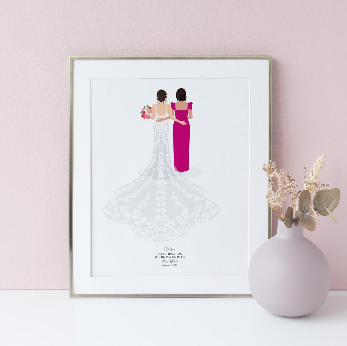 Bride With Mom in Gray Gown Back View Wedding Tribute Poster - Image 4