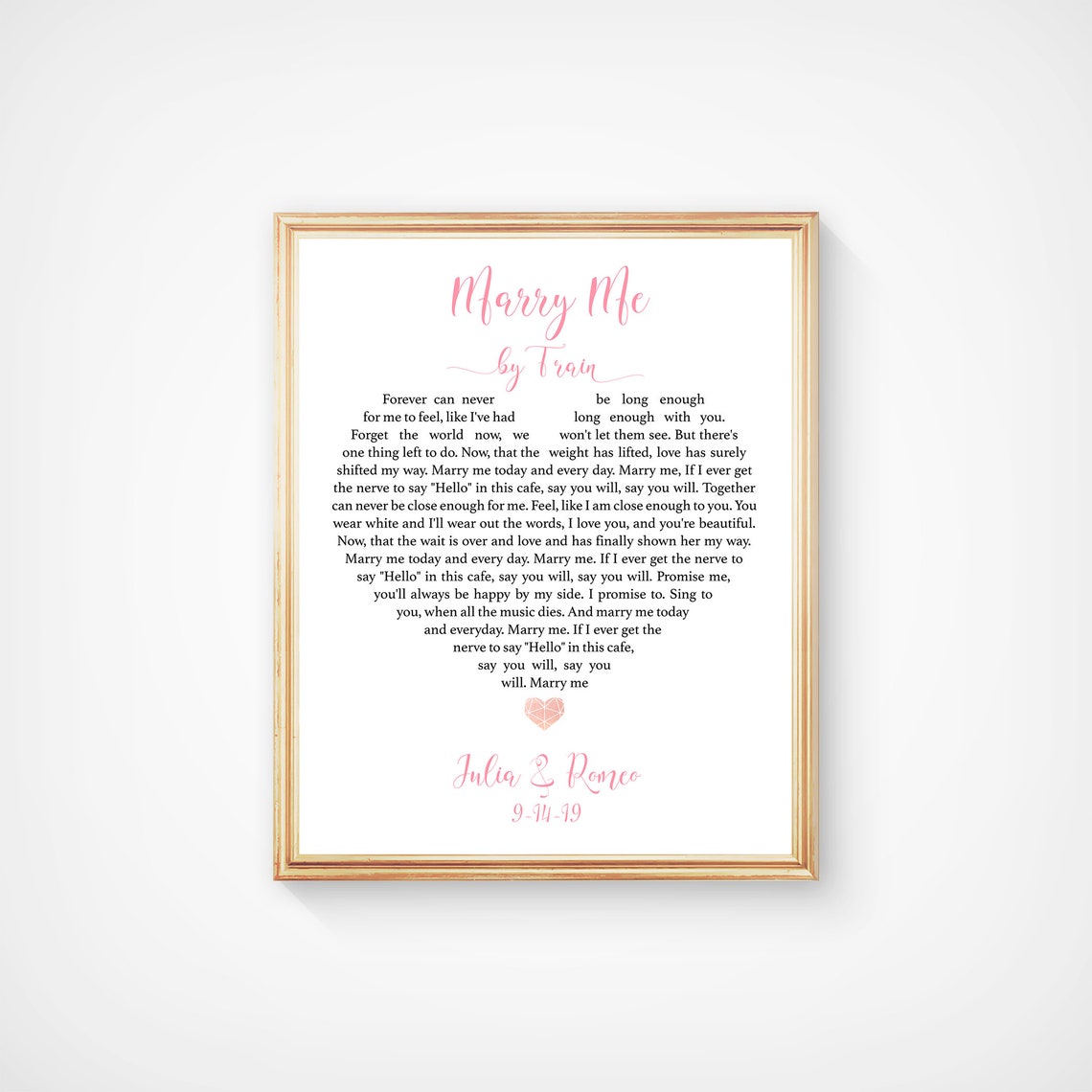 Marry Me by Train Heart Shaped Blush Pink Wedding Lyrics Print - Image 3