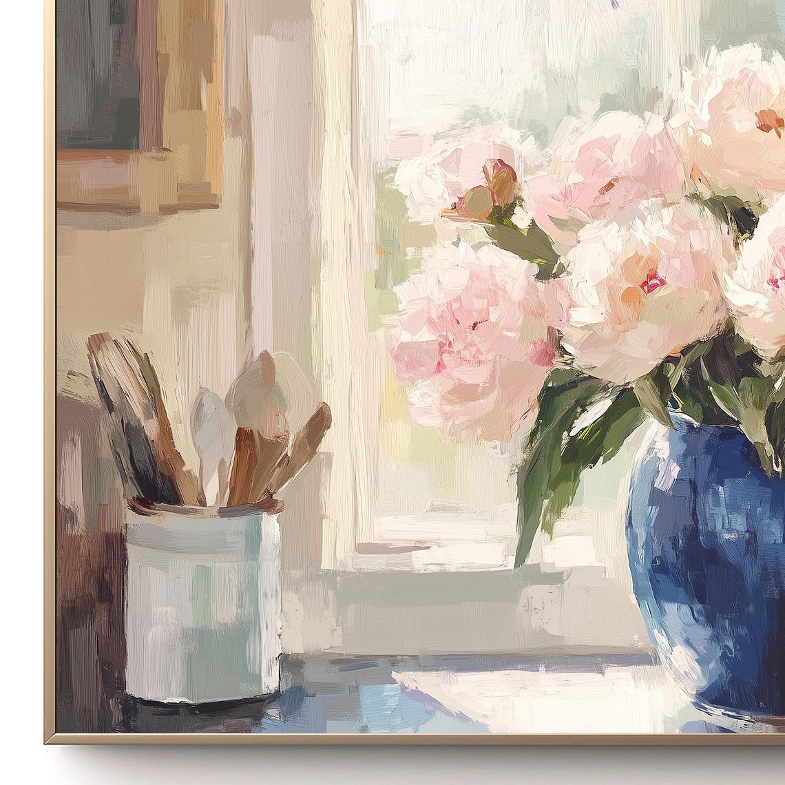 Pink Peonies Blue Vase Spring Flowers Window Still Life Poster - Image 2