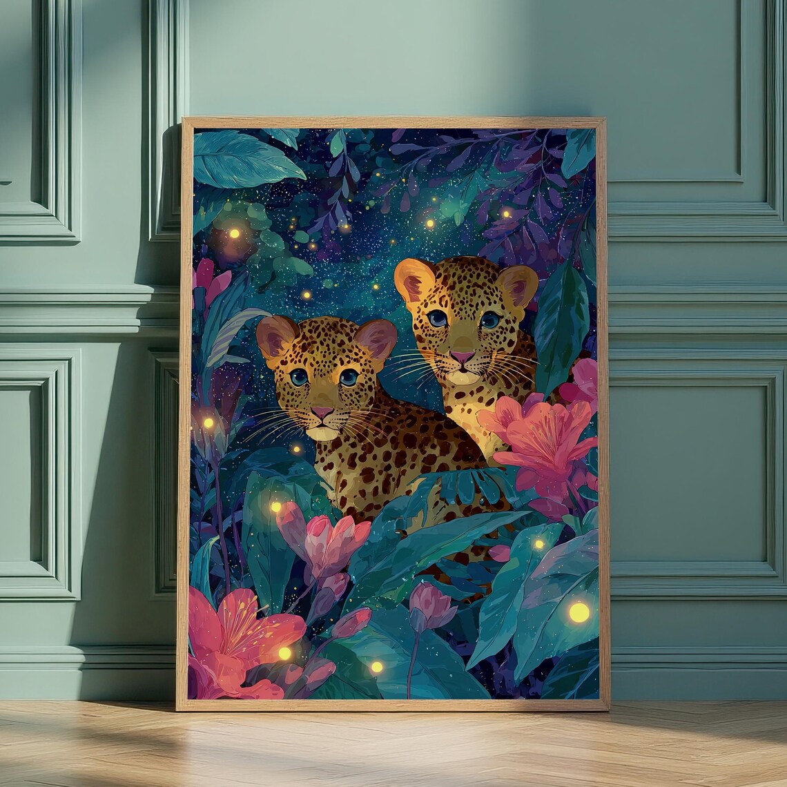 Mystical Leopard Cubs Art Enchanted Jungle Kids Nursery Wall Print Magical Wildlife