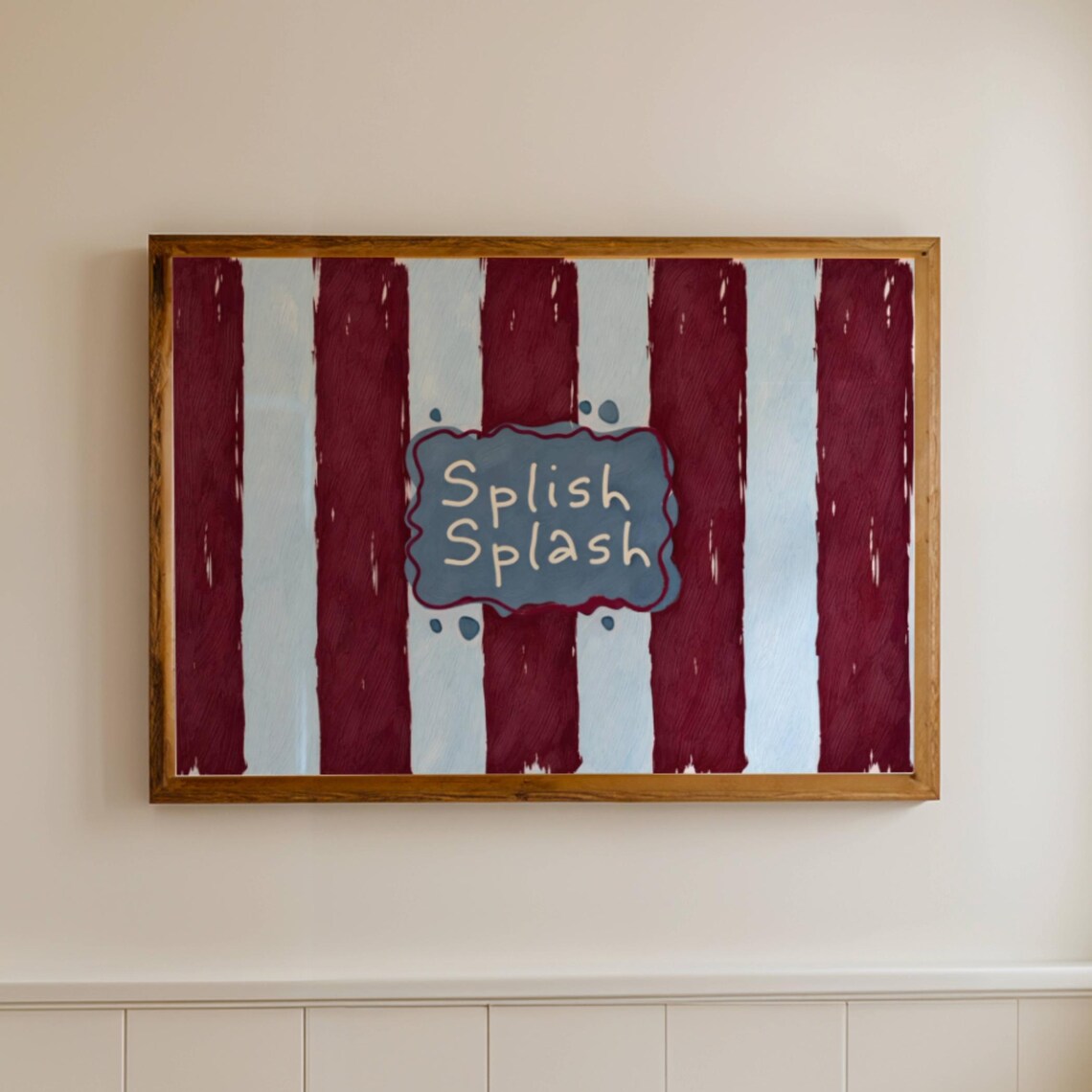Splish Splash Blue Plaque Burgundy Striped Fun Bathroom Poster