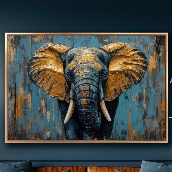 Majestic Elephant Portrait Golden Bronze Ears Blue Texture Background Poster