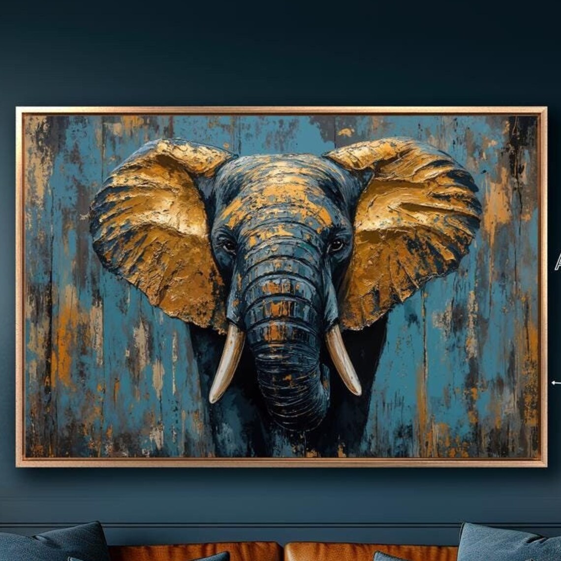 Majestic Elephant Portrait Golden Bronze Ears Blue Texture Background Poster