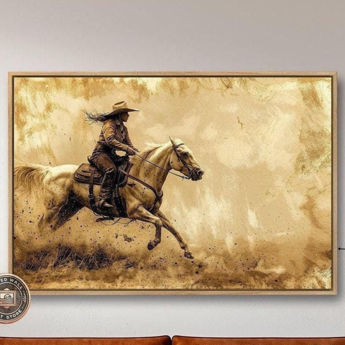 Western Cowgirl Riding White Horse Sepia Ranch Vintage Art Poster