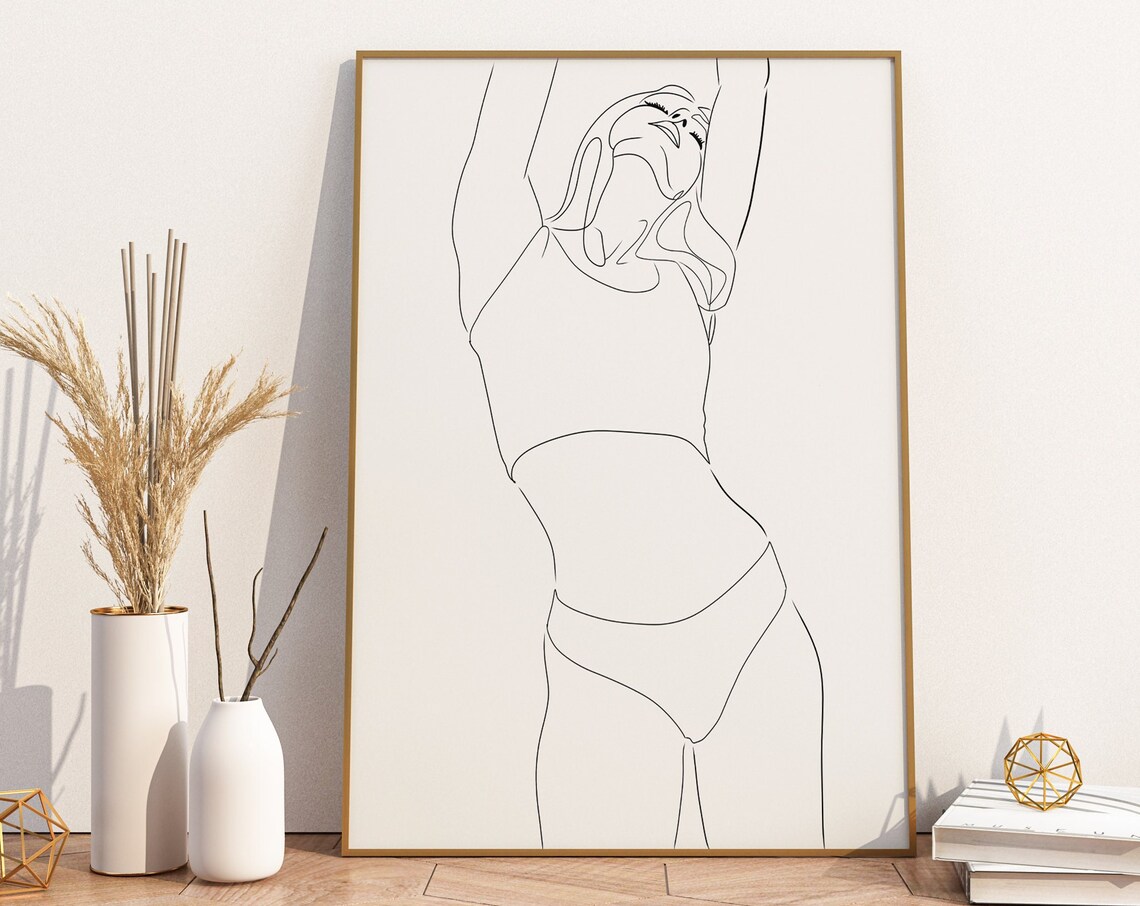 Serene Woman Arms Raised Line Art Elegant Female Figure Poster