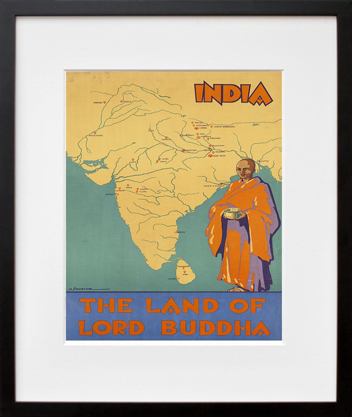 India Land of Lord Buddha Vintage Monk Map Pilgrimage Travel Poster - Image 2