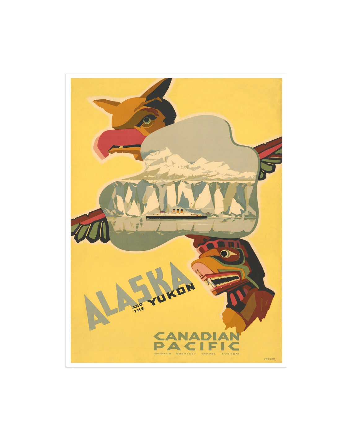 Alaska Yukon Canadian Pacific Totem Pole Glacier Vintage Travel Poster