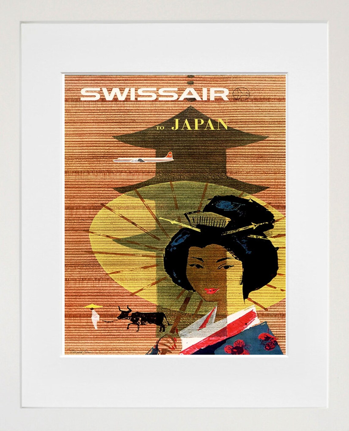 Swissair to Japan Geisha Parasol Bamboo Vintage Airline Poster