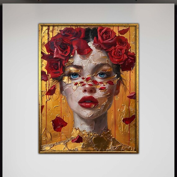 Golden Rose Portrait Canvas Abstract Woman Art Red Roses Gold Textured Painting Elegant Wall Decor Modern Artistic Print