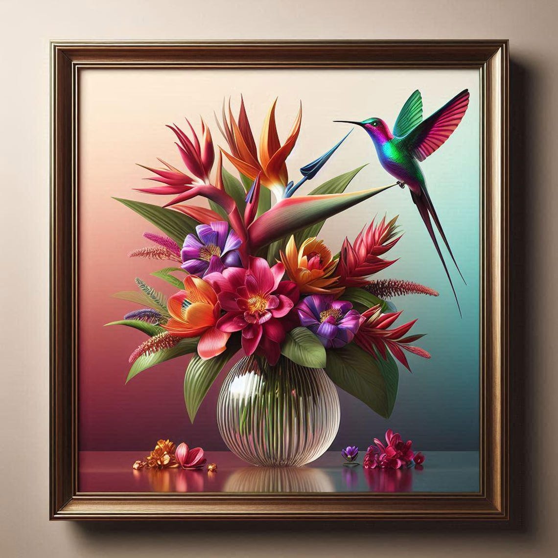 Hummingbird Hovering Over Tropical Flowers in a Glass Vase Poster