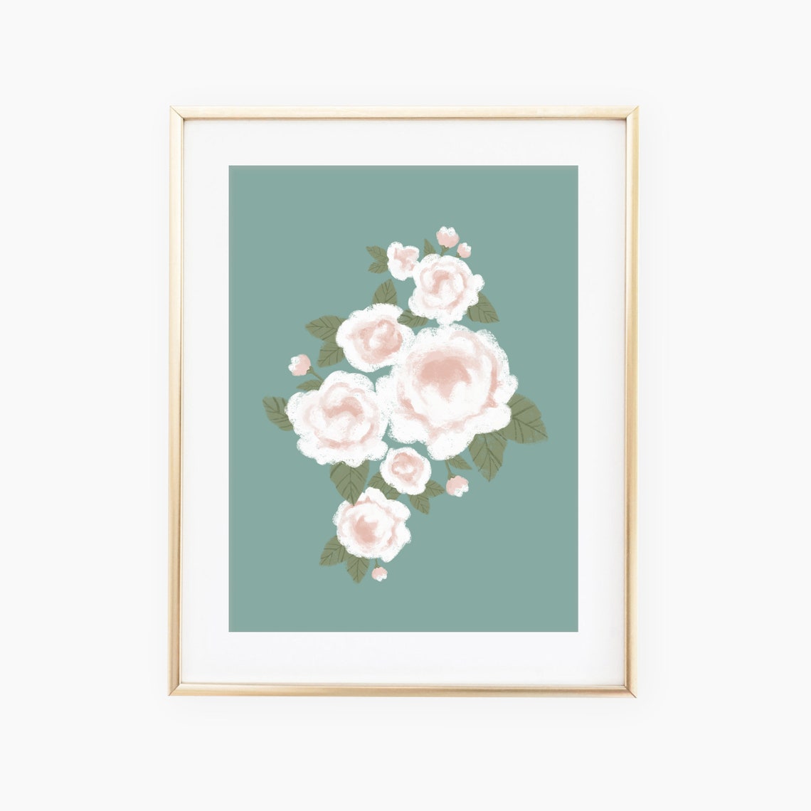 White Pink Roses Teal Background Minimalist Floral Art Poster