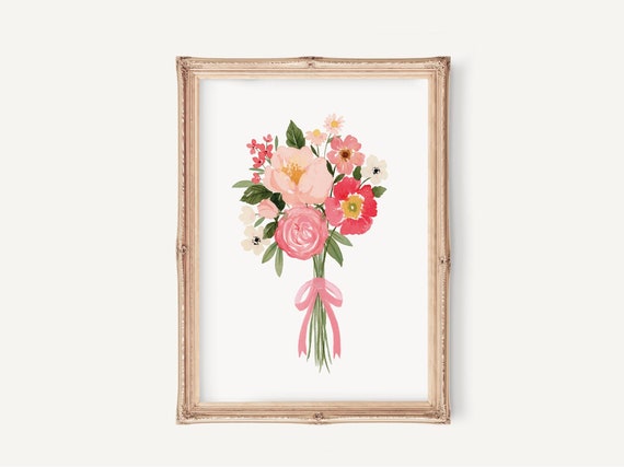 Pink Watercolor Floral Bouquet, Nursery Room Art Print