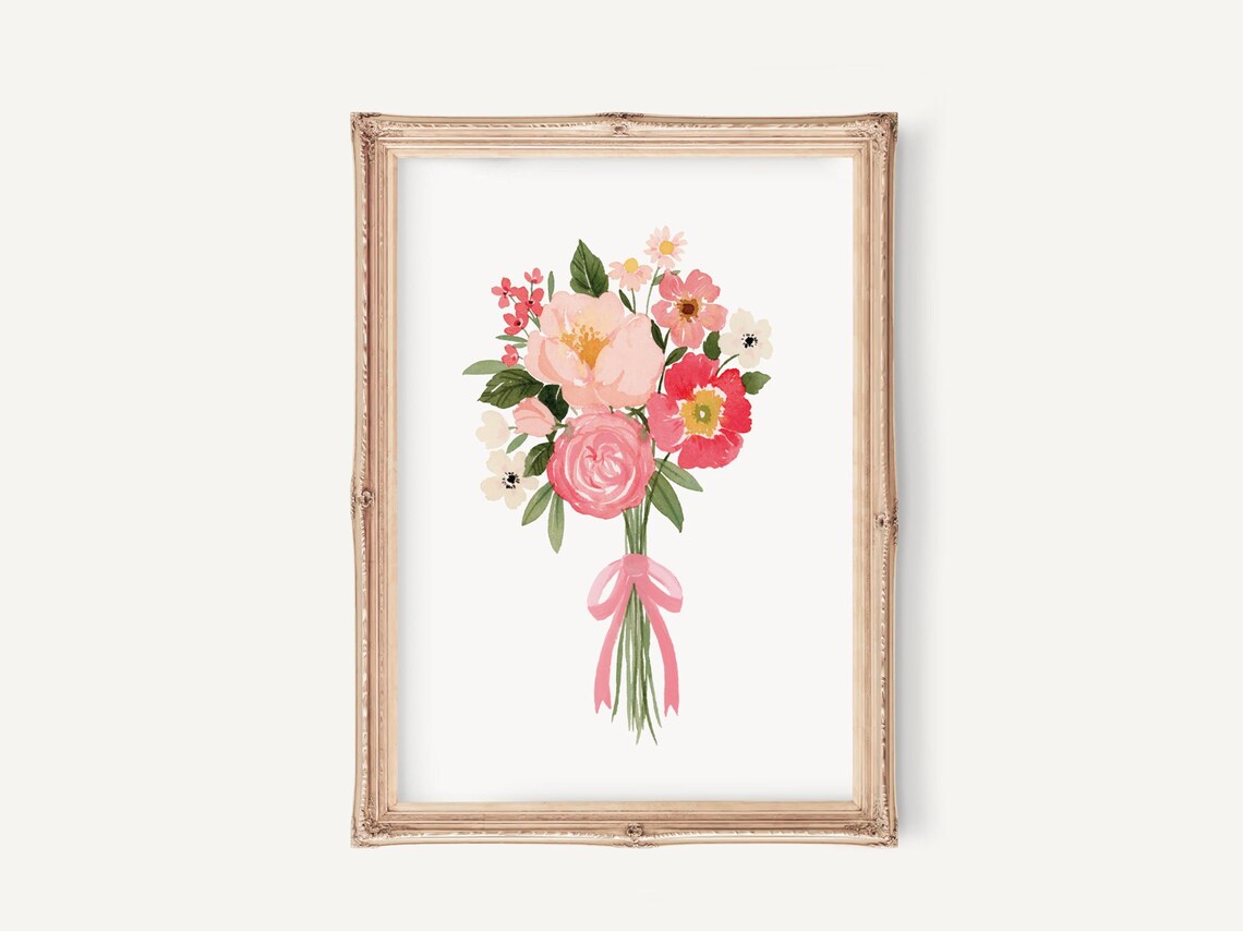 Pink Watercolor Floral Bouquet, Nursery Room Art Print
