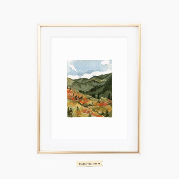 Watercolor Mountain Fall Leaves Landscape Art Print