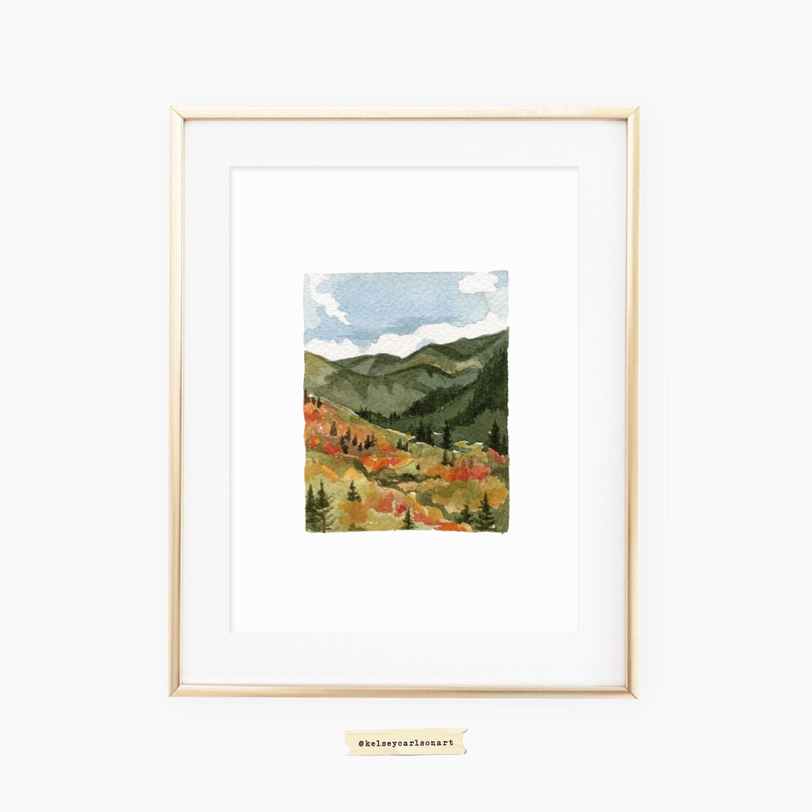 Watercolor Mountain Fall Leaves Landscape Art Print