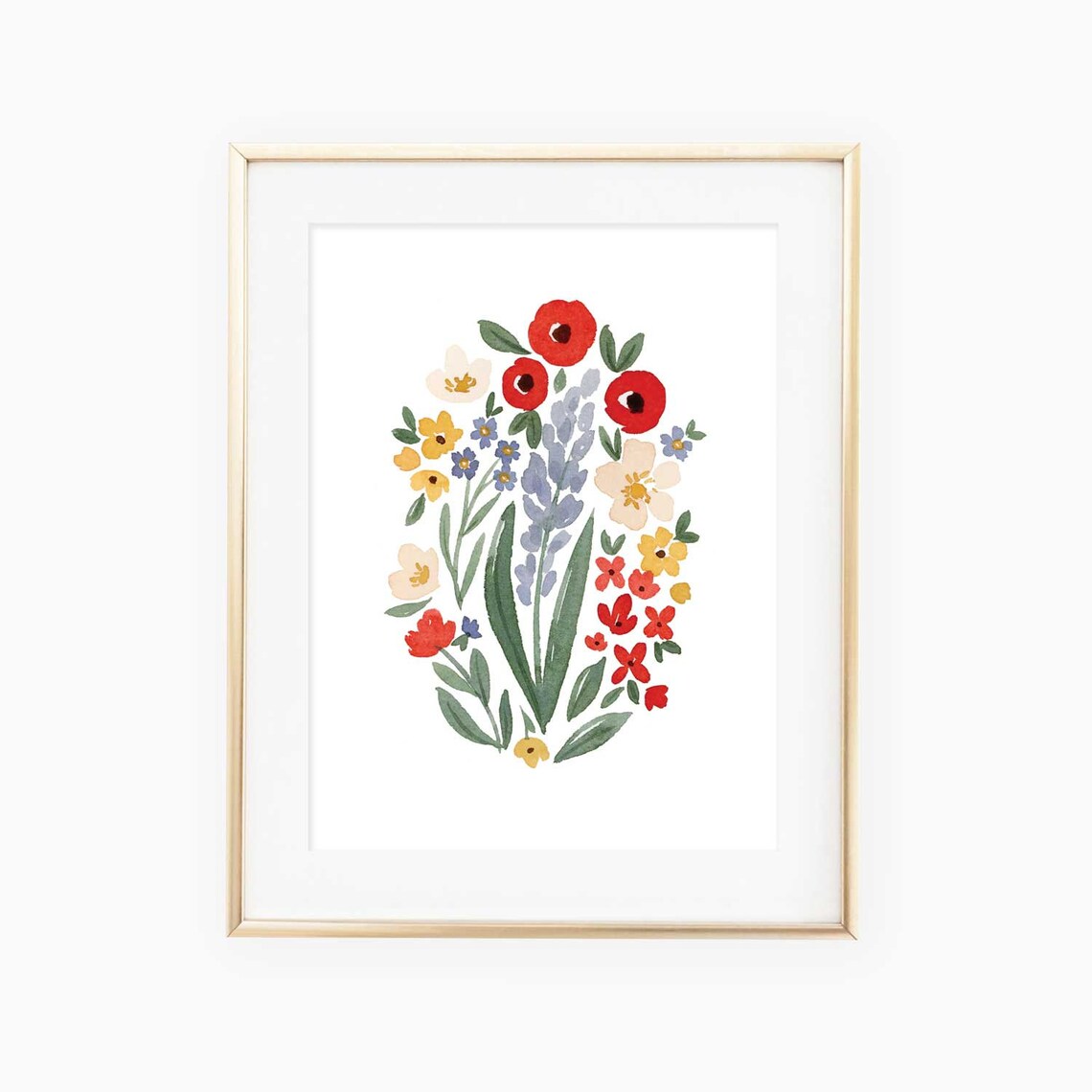 July Watercolor Floral Art Print, Red Blue Gold Yellow