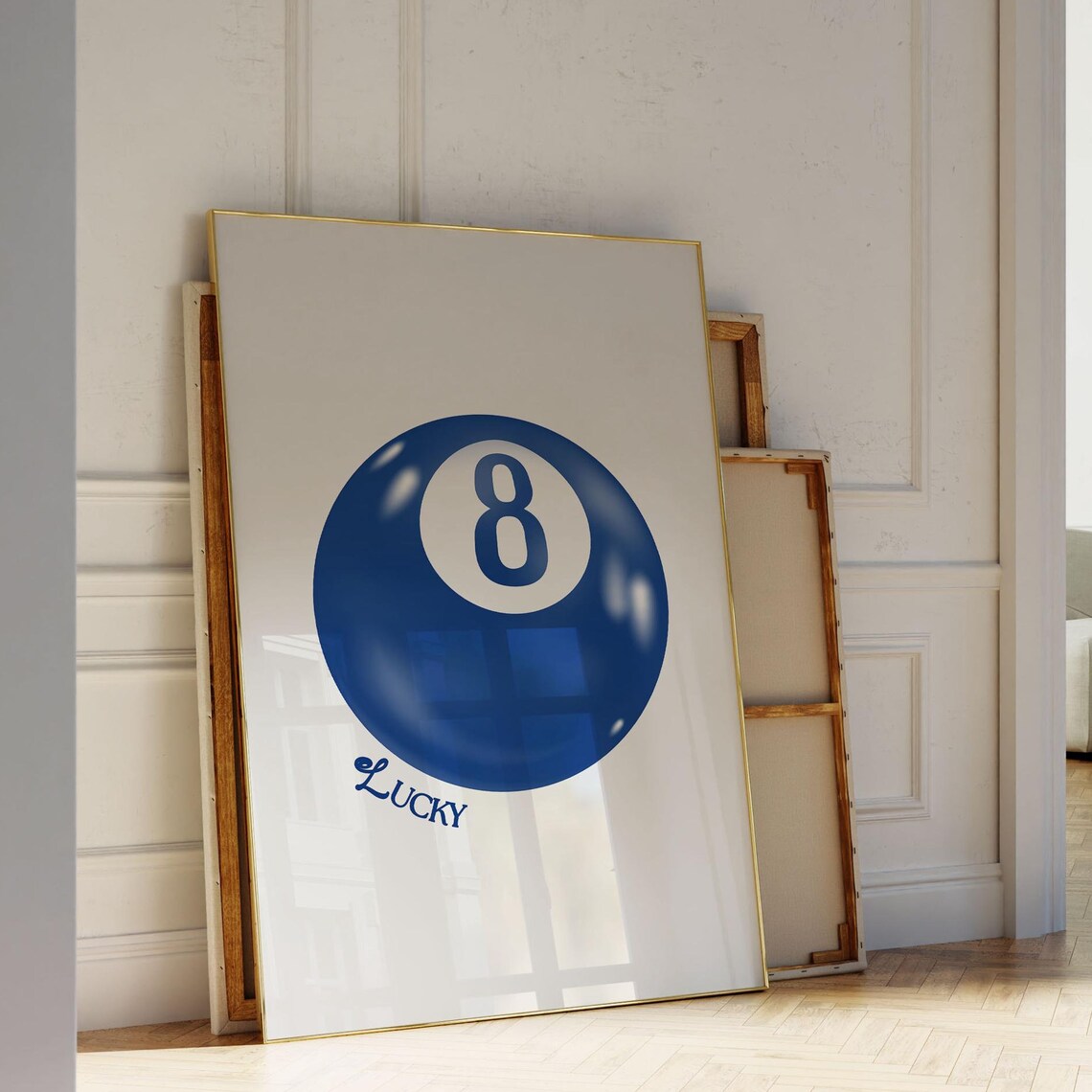 Glossy Navy Blue Eight Ball Lucky Script Pool Hall Retro Chic Poster
