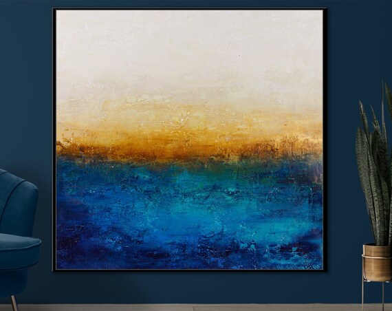 Original Acrylic Painting On Blue Painting Gold Painting Textured Abstract Painting Large Wall Art Dcor Oil Knife Painting