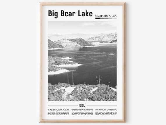 Big Bear Lake California Black and White Mountain Lake Poster