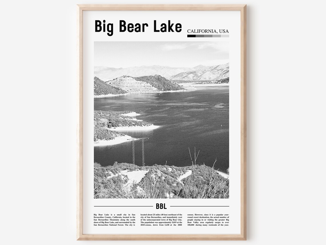 Big Bear Lake California Black and White Mountain Lake Poster