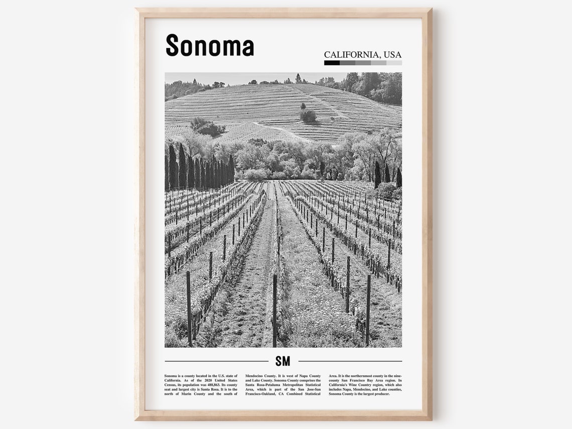 Sonoma Print Black And White Sonoma Poster Sonoma Wall Art Travel Poster City Artwork Travel Artwork Travel Wall Art City Art Print