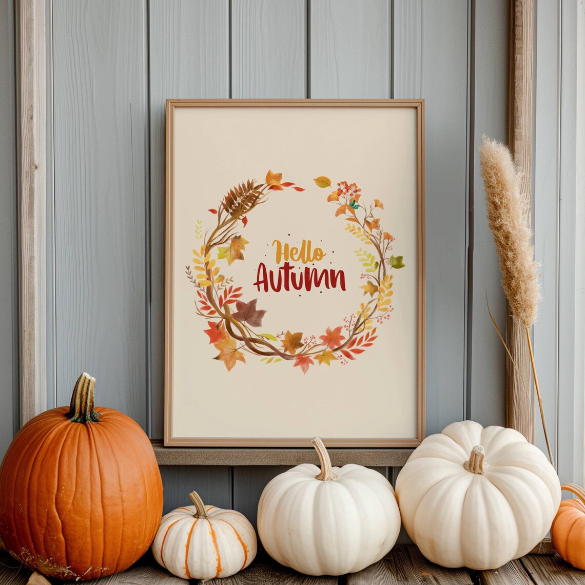 Hello Autumn Vertical Watercolor Wreath Cozy Fall Harvest Poster