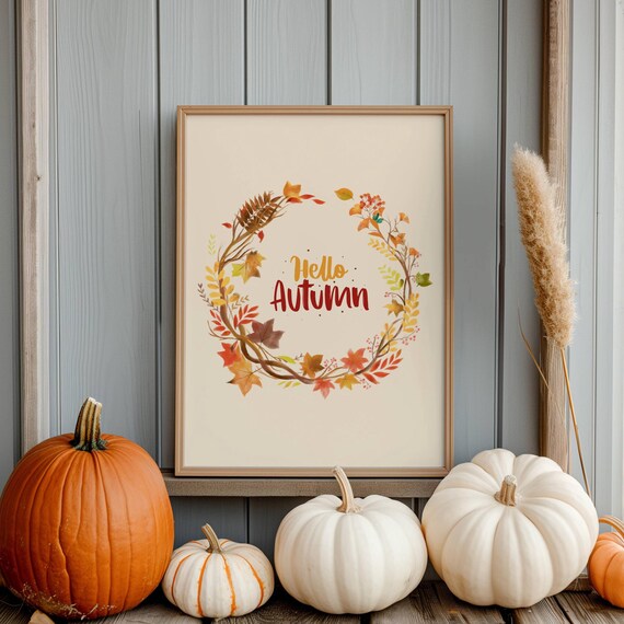 Hello Autumn Vertical Watercolor Wreath Cozy Fall Harvest Poster