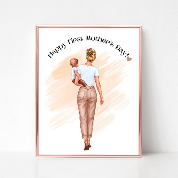 Personalized First Mother's Day Portrait New Mom With Baby Gift Print